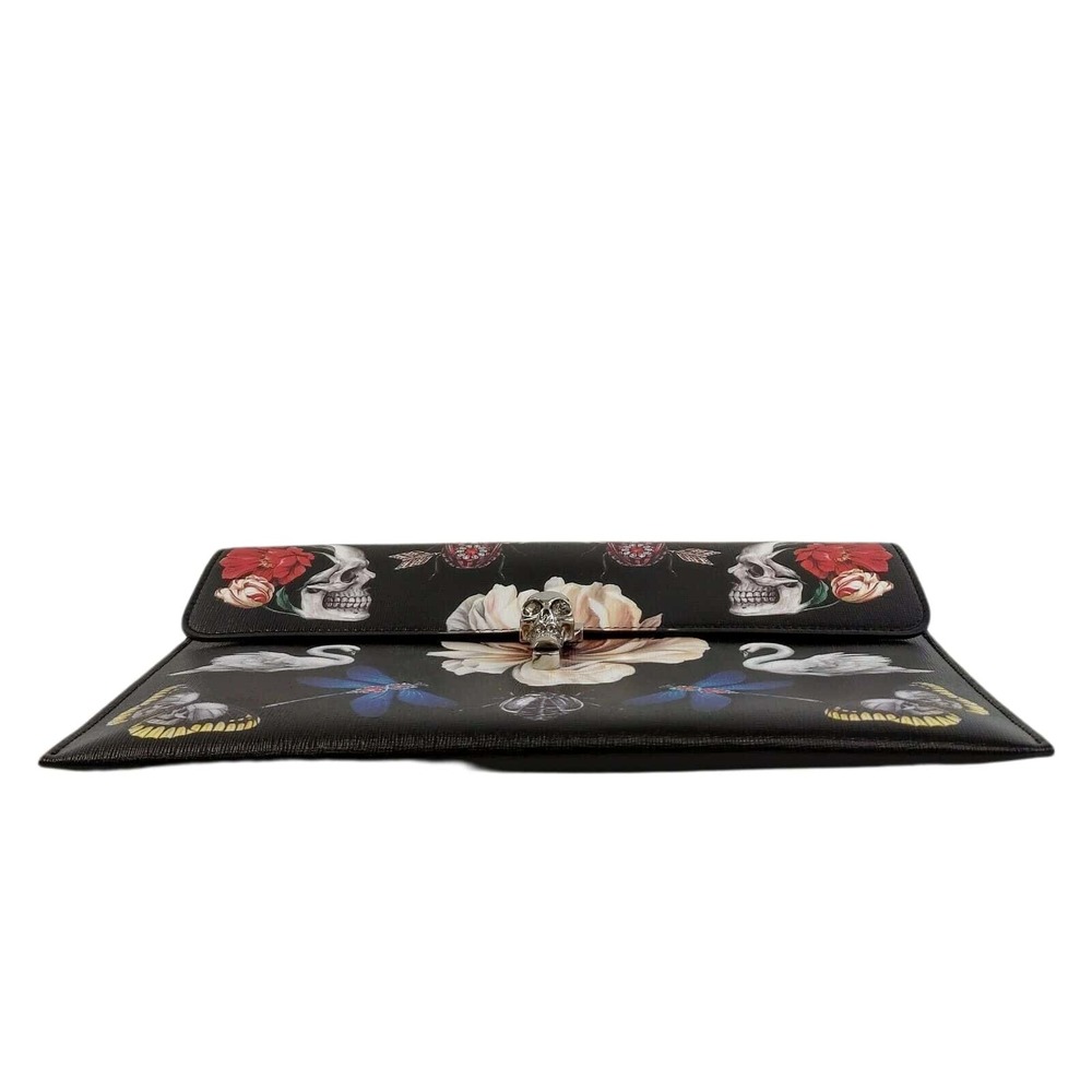 Alexander McQueen Black Leather Flower Animal Skull Clutch 554197 1090 - Picture 7 of 11